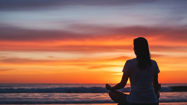 Tranquil woman meditating on beach at sunset, finding inner peace - Powered by Adobe