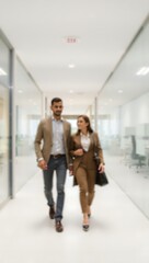 Fototapeta premium Generative AI depicts two business professionals confidently striding through a luminous modern