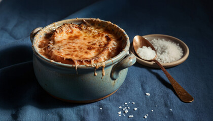 French Onion Soup in Vintage Crock with Bubbling Cheese and Onions