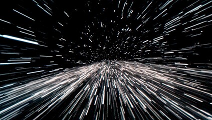 Abstract representation of rapid movement through a dark void with streaks of light creating a sense of speed and cosmic travel