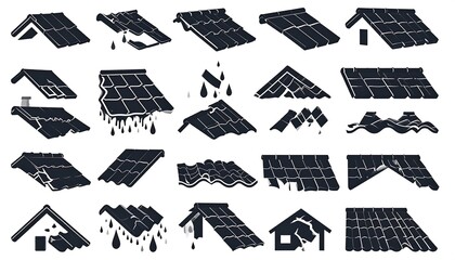 Black silhouette collection of rooftops showcasing various states of repair and styles, including tiled and shingled designs