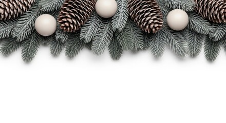 Elegant christmas border made of frosted fir branches, natural pine cones, and matte white ornaments on a clean white background.