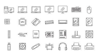 Computer Hardware Icon Set — PC, Laptop, Components and Peripherals in Editable Line Vector Style