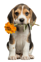 a beagle puppy holding an orange flower in its mouth on a transparent background. For themes related to pets, love, holidays, and positivity.