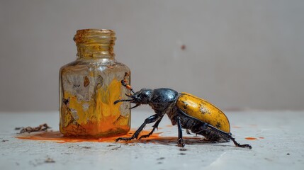 Yellow Margined Blister Beetle near Bottle, Insect Closeup