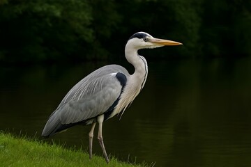 Obraz premium Grey Heron by Lakeside Grass – Elegant Wildlife in Natural Woodland Habitat