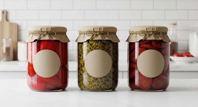 Three glass jars of preserved food (peppers, pesto, sun-dried tomatoes) with blank labels and craft paper lids on a kitchen counter. - Powered by Adobe