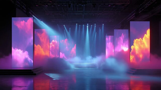 Several enormous shining LED screens are part of the empty pro stage design.  Bright digital video panels with dynamic, abstract, multicolored cloud patterns