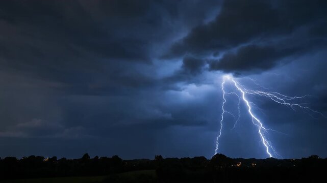 Close-up of storm clouds churning with electricity, thunder rumbling and bright lightning burst