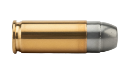 Isolated 45 ACP round PNG, a cartridge with a brass case and lead bullet for handguns and pistols, on transparent background
