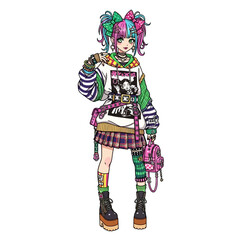 Vibrant anime girl with colorful hair and unique fashion, perfect for creative projects, trendy youth campaigns, and dynamic social media visuals