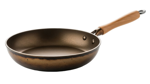 Frying pan with wooden handle isolated PNG, bronze nonstick skillet for cooking and kitchenware on transparent background - Powered by Adobe