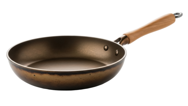 Frying pan with wooden handle isolated PNG, bronze nonstick skillet for cooking and kitchenware on transparent background - Powered by Adobe