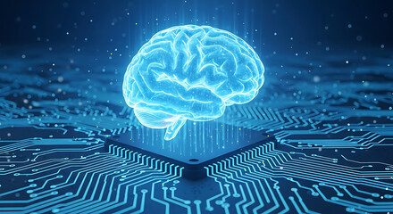 A glowing, digital brain superimposed on a computer circuit board, representing artificial intelligence.