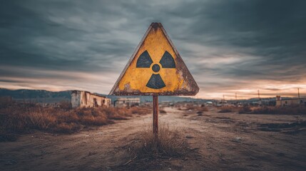 Radioactive Hazard Sign on a Rural Road, Abandoned Landscape, Post-Apocalyptic Scene