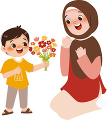 Son give flowers to mom