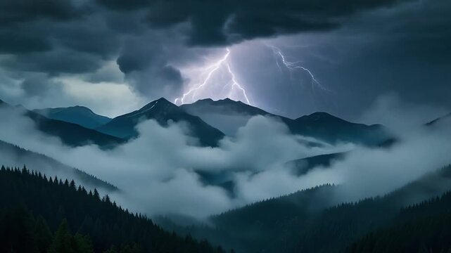 Close-up of storm clouds churning with electricity, thunder rumbling and bright lightning burst