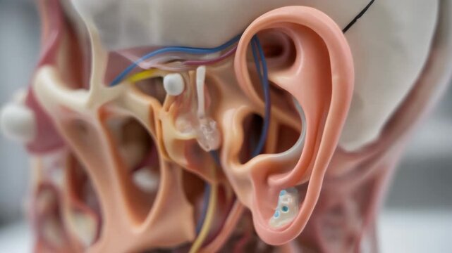Detailed 3D anatomical model of the human ear showing the outer middle and inner structures including ossicles and cochlea a medical and educational visualization