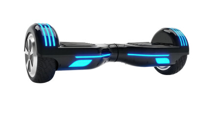 Black hoverboard with blue lights isolated PNG, self-balancing scooter on transparent background for personal transportation and recreation © Matej