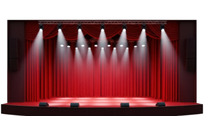 Red stage with spotlights PNG isolated on transparent background, theater performance scene for entertainment and event design