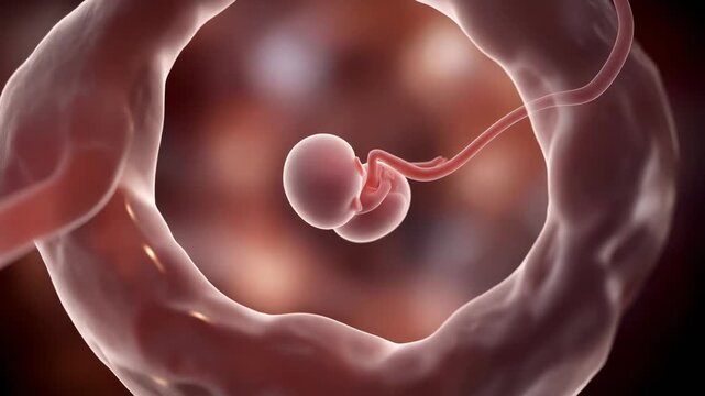 Early Human Embryo Development Stage with Visible Organs and Umbilical Cord Floating in Amniotic Fluid 3D Animation