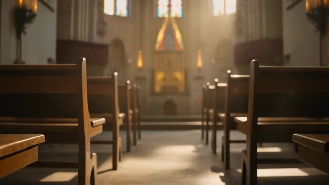 Interior of a serene church aisle with rows of wooden pews bathed in ethereal golden sunlight streaming through stained glass windows creating a spiritual and peaceful ambiance for worship 
