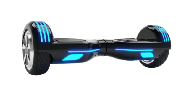 Black hoverboard with blue lights isolated PNG, self-balancing scooter on transparent background for personal transportation and recreation