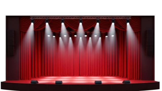 Red stage with spotlights PNG isolated on transparent background, theater performance scene for entertainment and event design