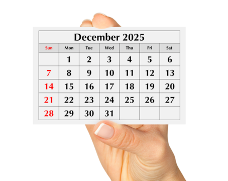 Page of the annual monthly calendar december 2025 in hand. Isolated on transparent png - Powered by Adobe