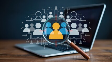 Magnifying glass focuses on selected user icon above digital network display on laptop