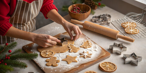 Merry Christmas holiday baking scene, hands using star-shaped cookie cutter on festive dough. Cozy kitchen setup with dried oranges, powdered sugar, pine branches, and decorated cookies. Warm seasonal