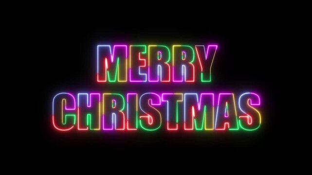 Merry Christmas Five-Color Neon Glow Text with Retro Glitch Effect, Vibrant Multicolor Holiday Typography Animation on Black Background for Festive Greeting Videos and Modern Digital Visuals