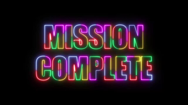 Mission Complete Five-Color Neon Glow Text with Retro Glitch Effect, Vibrant Multicolor Cyberpunk Typography Animation on Black Background for Gaming Victory Screens and Futuristic Visual Effects