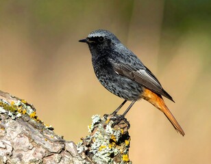 Elegant Black Redstart Perched on a Mossy Branch in Natural Light Setting