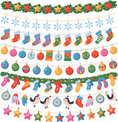 Christmas garlands with stockings ornaments and snowflakes