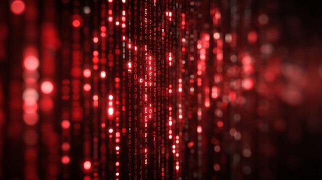 Dynamic red binary code background with glowing data streams for technology, coding, security, or futuristic sci-fi concepts in modern designs