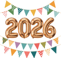 Gold 2026 balloons with colorful party bunting number