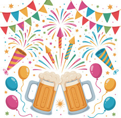 Two Beer Mugs Clinking With Fireworks Balloons and Bunting