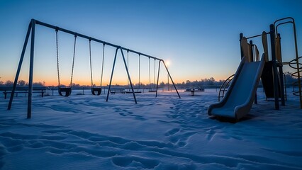 Fototapeta premium Winter playground sunrise glows, a magical snowy scene for kids and families