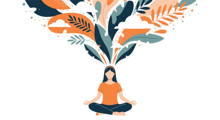 A person meditating with abstract colorful floral and cloud elements emanating from their head.