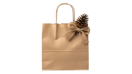 paper bag with twisted paper handles, decorated with a small pinecone and jute bow, isolated on white background.