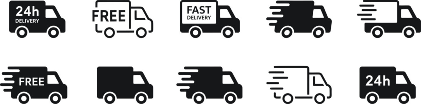 Fast delivery icon set Delivery Truck icon set. Express delivery trucks icons. Fast shipping truck. Free delivery 24 hours. Logistic trucking sign. Vector illustration. 