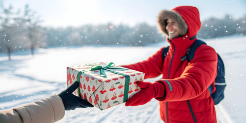 Merry Christmas gift exchange, Snowflakes falling, holiday spirit, seasonal greeting cards, banners, and editorial content. snowy outdoor setting background.