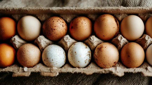 Fresh Organic Chicken Eggs in a Carton, Assorted Colors and Textures, Farm Fresh Eggs, Top View, Rustic Burlap Background, Natural Light
