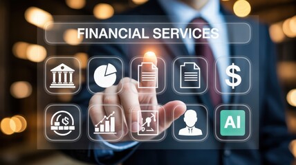 Business professional interacts with a digital interface displaying various financial service icons