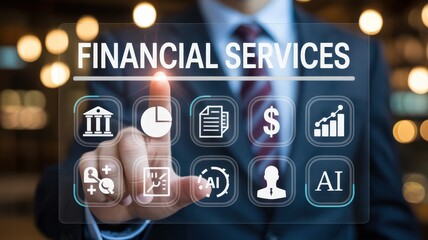 Businessperson interacts with a holographic display showing various icons related to monetary operations