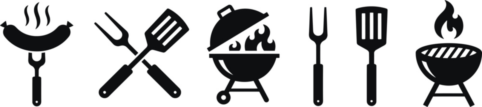 BBQ grill icon set  bbq grill minimal flat icon set, black color and white background  barbecue grill icon set silhouette on white background 