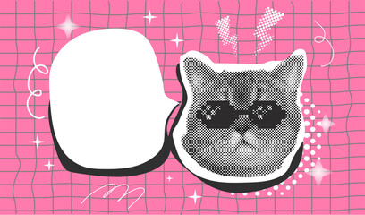 Naklejka premium Halftone effect funny cat heads. Trendy retro y2k pet, funky emoticon animal, pop aesthetic. Meme head Punk collage made from elements. Cat, animal, pet from different angles, different poses, 
