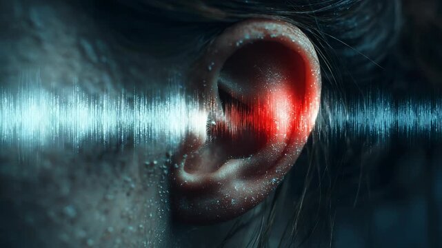 Tinnitus Concept: Close-up of Human Ear with Redness and Sound Waves, Illustrating Hearing Problems, Noise Pollution, or Ear Infection, Dark Background.