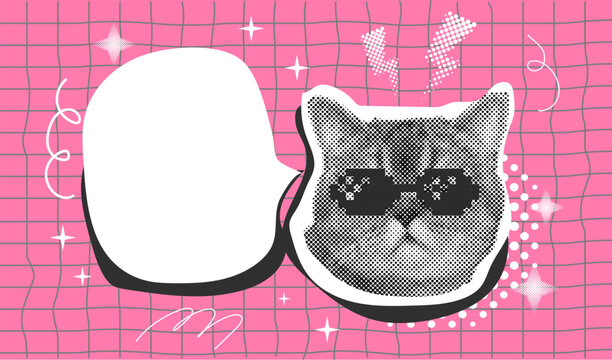 Fototapeta Halftone effect funny cat heads. Trendy retro y2k pet, funky emoticon animal, pop aesthetic. Meme head Punk collage made from elements. Cat, animal, pet from different angles, different poses, 